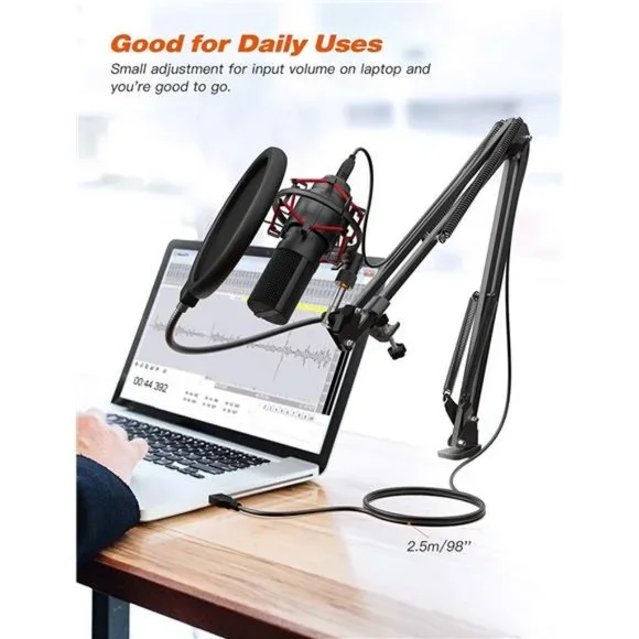 USB Gaming Microphone Set with Flexible Boom Arm Stand Pop Filter, Plug and Play
